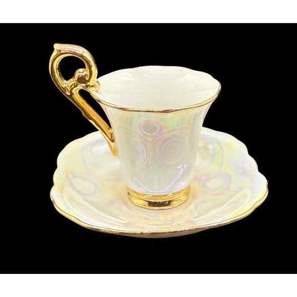 Vintage K. Fogg ‘87 Iridescent Porcelain Tea Cup & Saucer Gold Trim Gold Handle - Picture 2 of 11